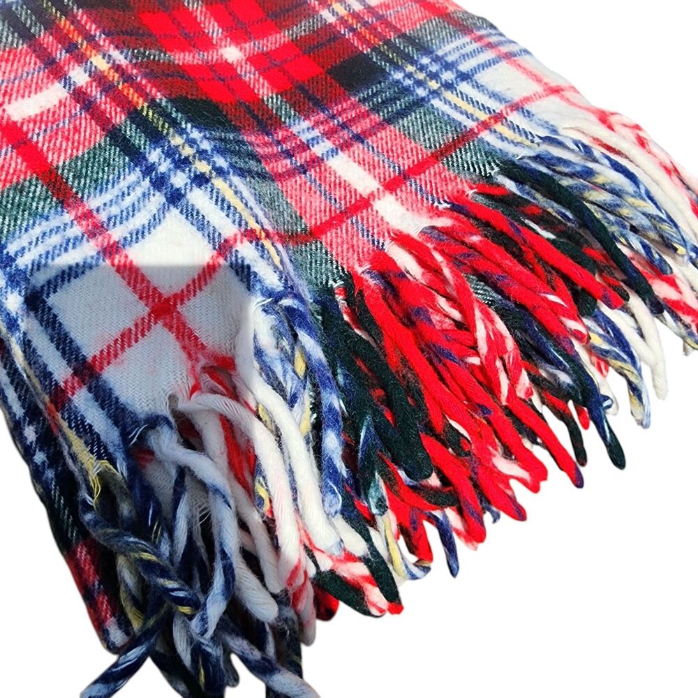 Vintage Troy Mills Wool Plaid Blanket Red‎ Green Blue Fringe 52x51 USA
